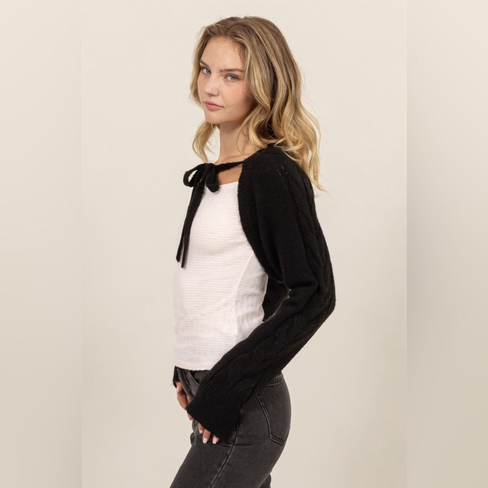 15B. Cable Knit Tie Front Shrug - Black